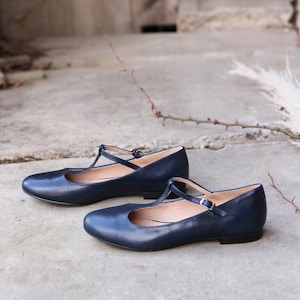 Retro style navy blue genuine leather ballet flats, mary jane shoes, mom and daughter shoes, gift for her, boho style shoes, nature lover image 4