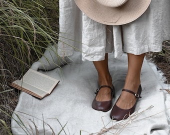 Chaussures en cuir véritable marron chocolat Mary-Jane, chaussures plates, ballerines de style rétro, chaussures de mariée rétro, ballerines, marron, amoureux de la nature