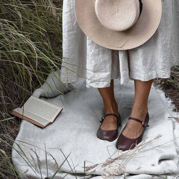 Mary-Jane chocolate brown genuine leather shoes, flat shoes, retro style ballet flats, retro bride shoes, ballerinas, brown, nature lover