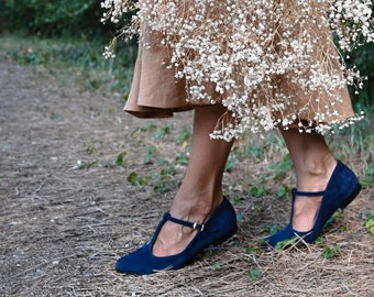 Retro style natural navy blue suede leather, leather ballet flats, retro bride shoes, t-bar shoes, mary jane shoes, mom and daughter shoes