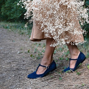 Retro style natural navy blue suede leather, leather ballet flats, retro bride shoes, t-bar shoes, mary jane shoes, mom and daughter shoes