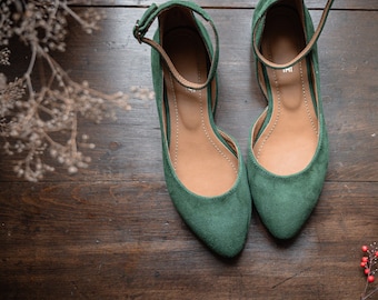 Natural bottle green suede leather Mary Janes with straps, gift for her, boho style shoes, nature lover, boho wedding