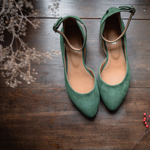 Mary Janes de camurça e couro feitos à mão: Sapatos Boho Verde Garrafa