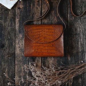 Retro crossbody bag, brown embossed crocodile genuine leather postman bag, minimalistic & timeless design, messenger bag image 10