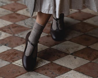 Chocolate Brown Leather Mary Jane Shoes: Retro T-Bar Flats
