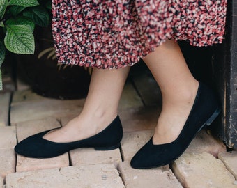 Cuero de terciopelo negro clásico natural, Mary Janes, zapatos planos con punta puntiaguda, zapatos planos para mujer, amante de la naturaleza,