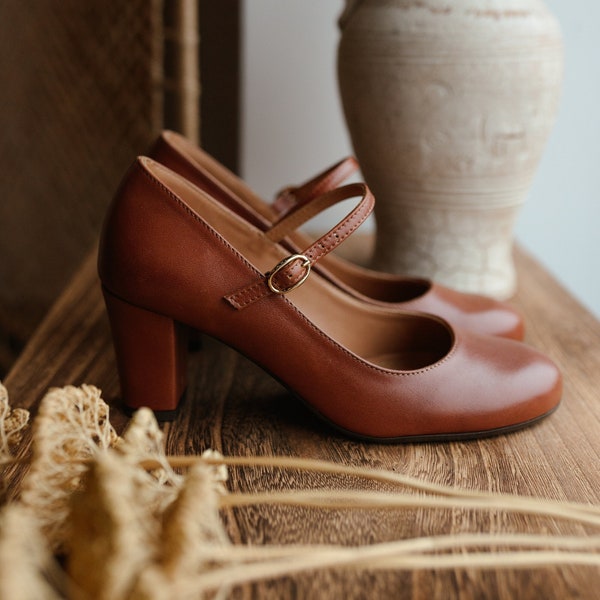 Tacchi Mary-Jane, pelle marrone pieno fiore naturale, scarpe con tacchi Mary Jane, scarpe da sposa retrò, amante della natura, pompe marrone cognac