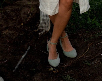 Ballerines en cuir, cuir vert eucalyptus, ballerines avec bride à la cheville, ballerines en daim, chaussures plates pour femmes, chaussures de mariage bohèmes, chaussures de mariée