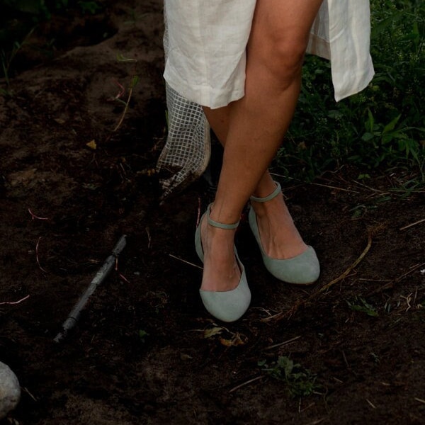 Ballerines en cuir, cuir vert eucalyptus, ballerines avec bride à la cheville, ballerines en daim, chaussures plates pour femmes, chaussures de mariage bohèmes, chaussures de mariée