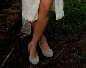 Leather ballerinas, eucalyptus green leather, ankle strap flats, suede ballet flats, women flat shoes, boho wedding shoes, bridal shoes