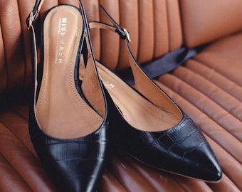 Summer ballerinas - Carla - croco black , slingback shoes, low heels, leather womens block heels, handmade