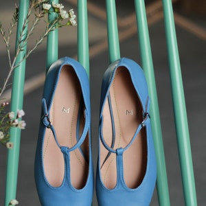Blaue Retro-Stil Ballerinas aus echtem Leder, t-bar Schuhe, Mary Jane Schuhe, Ballerinas, abgerundete Zehenschuhe, passende Schuhe, Swing Schuhe Bild 4
