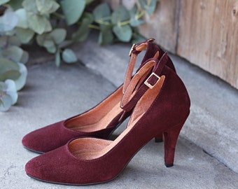 High heels natural burgundy  velour leather, decollate shoes , gift for her, boho style shoes, nature lover, boho wedding