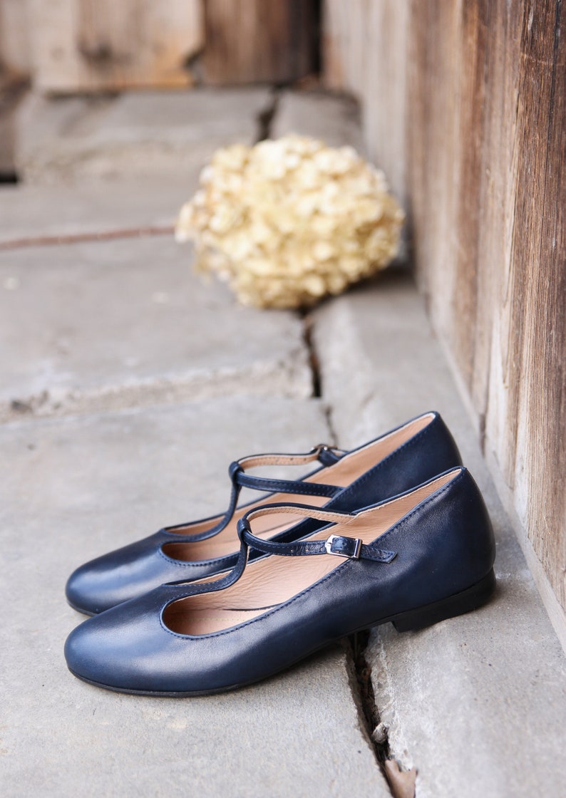 Retro style navy blue genuine leather ballet flats, mary jane shoes, mom and daughter shoes, gift for her, boho style shoes, nature lover image 8