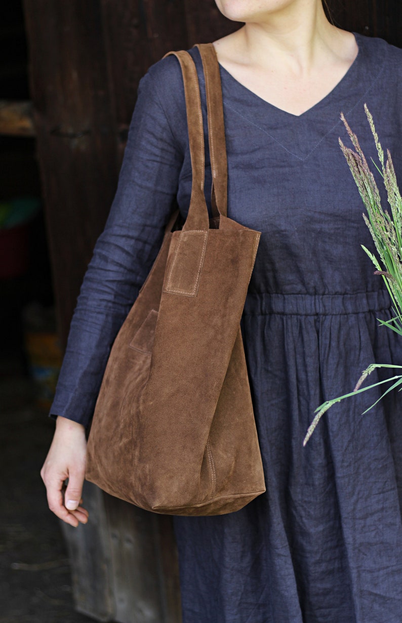Shopper Bag, tote leather bag, raw-finished leather bag in a minimalistic style, gift for her, genuine suede leather shopper, nature lover image 6