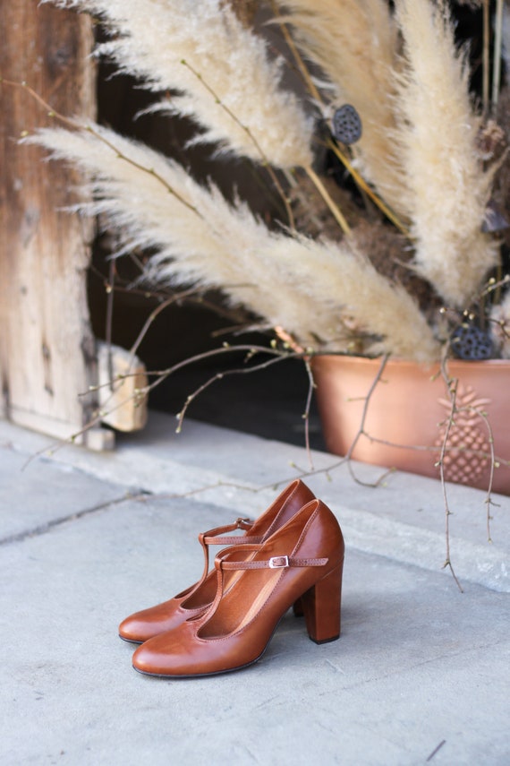 Retro stijl cognac bruin echt leer mary jane hakken schoenen - Etsy  Nederland