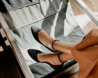 Handmade Navy Suede Leather Ballerinas: Ankle Strap Ballet Flats