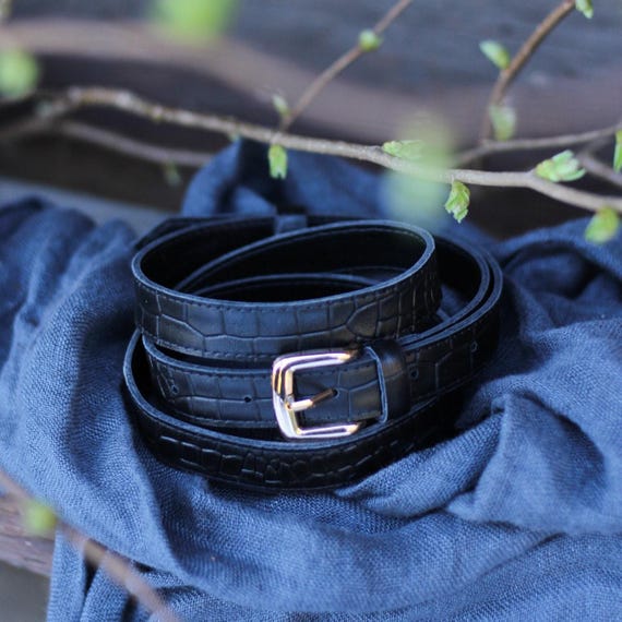 Black Embossed Crocodile Leather Belt, Women's Waist Belt