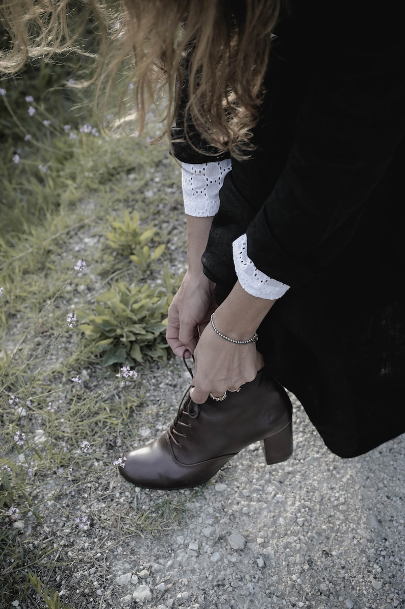 Retro style cognac brown genuine leather, high heel booties, gift for her, boho style shoes, nature lover image 5