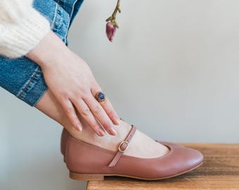 Handmade Mary-Jane Ballet Flats: Dusty Pink Leather Retro Shoes