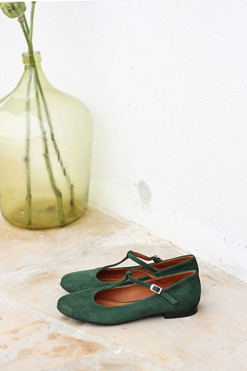 Retro style natural green suede leather ballet flats, leather t-bar shoes, matching mom and daughter shoes, gift for her, nature lover image 7