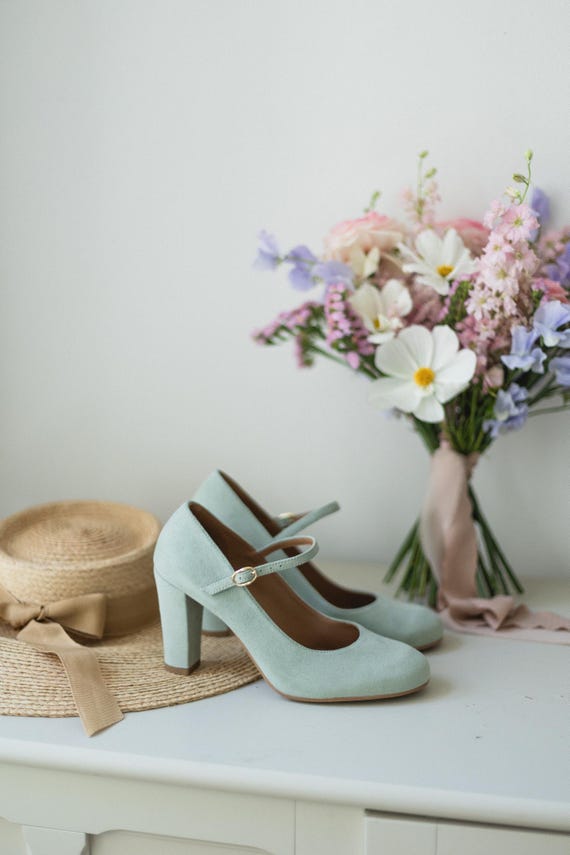 Mary-Jane eucalyptus suede leather shoes, retro heels shoes, retro bride shoes,