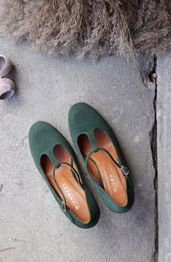 Buy Retro Style Natural Bottle Green Suede Leather, Mary Jane Heels Shoes,  Gift for Her, Boho Style Shoes, Nature Lover Online in India - Etsy