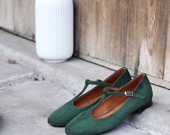 Retro style natural green suede leather ballet flats, leather t-bar shoes, matching mom and daughter shoes, gift for her, nature lover