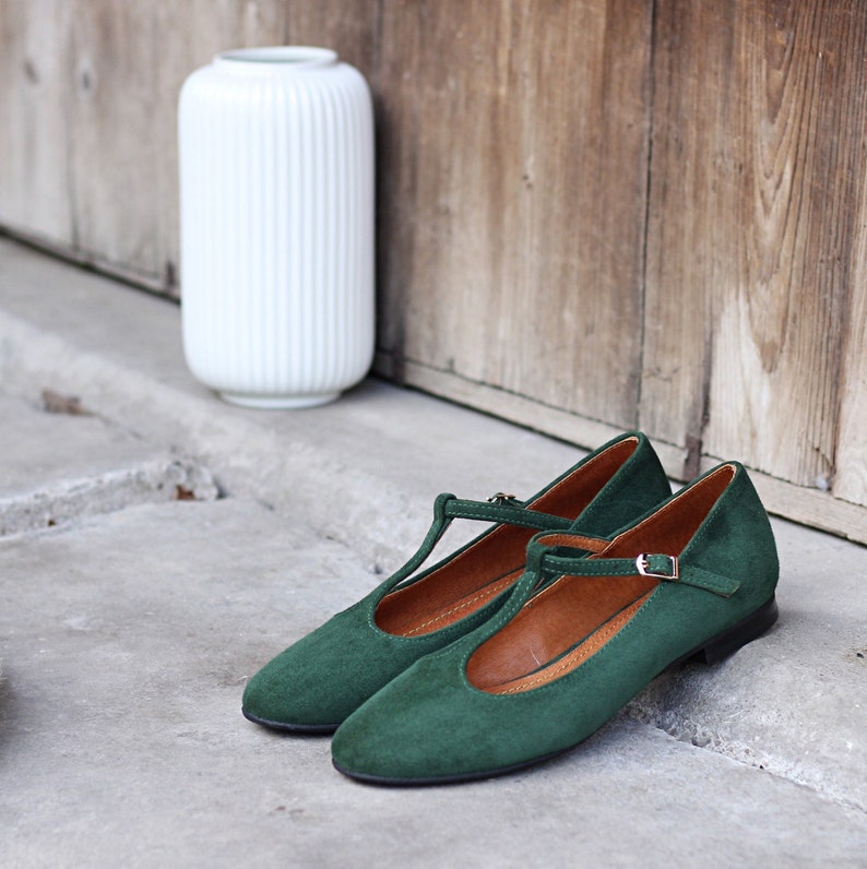 Retro style natural green suede leather ballet flats, leather t-bar shoes, matching mom and daughter shoes, gift for her, nature lover image 1