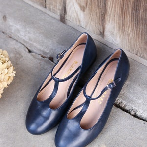 Retro style navy blue genuine leather ballet flats, mary jane shoes, mom and daughter shoes, gift for her, boho style shoes, nature lover image 6