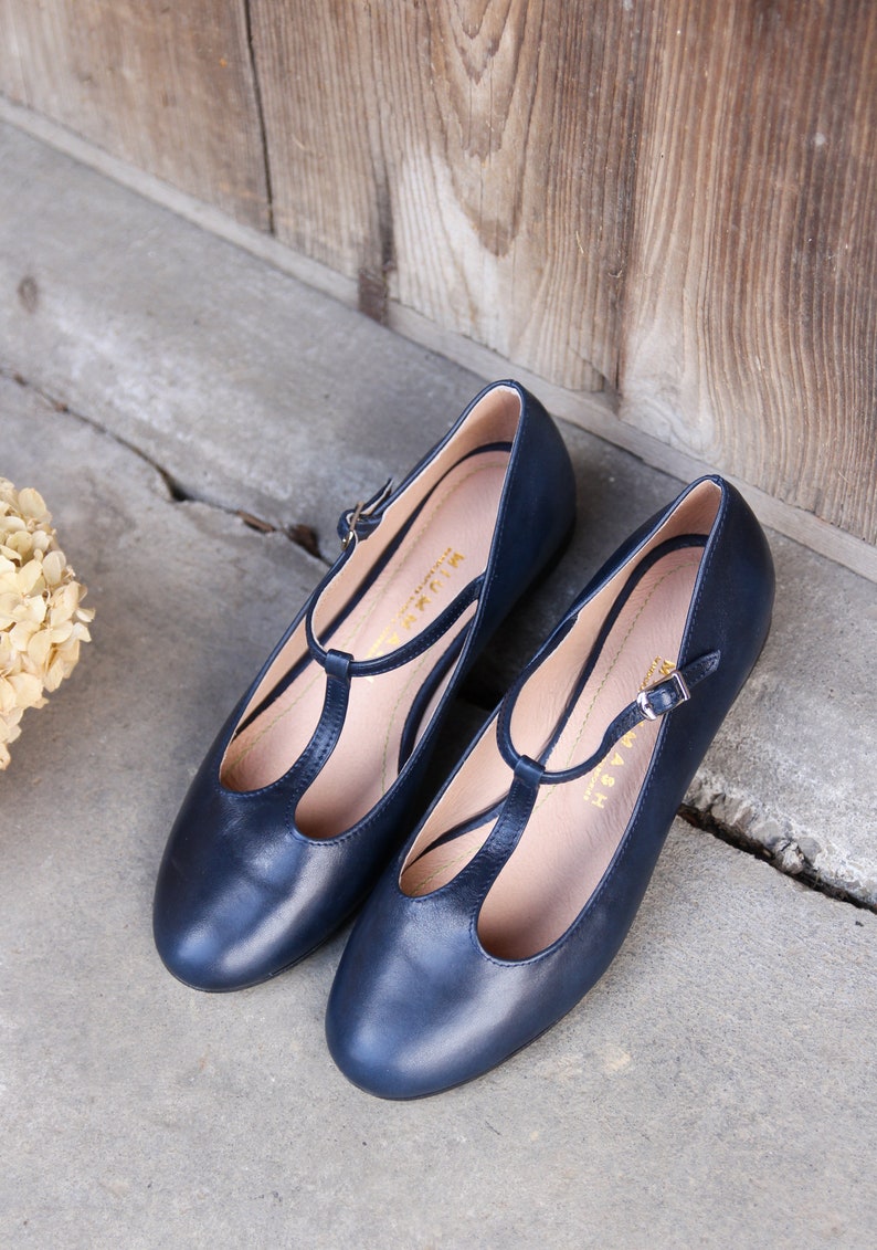 Retro style navy blue genuine leather ballet flats, mary jane shoes, mom and daughter shoes, gift for her, boho style shoes, nature lover image 6