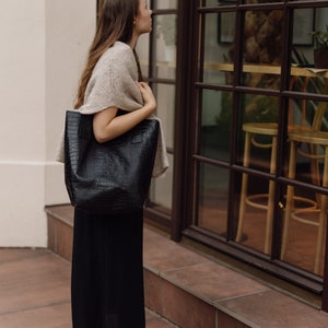 Shopper Bag, black embossed leather, simple, raw-finished leather bag in a minimalistic style, gift for her, boho style bag, natural lover