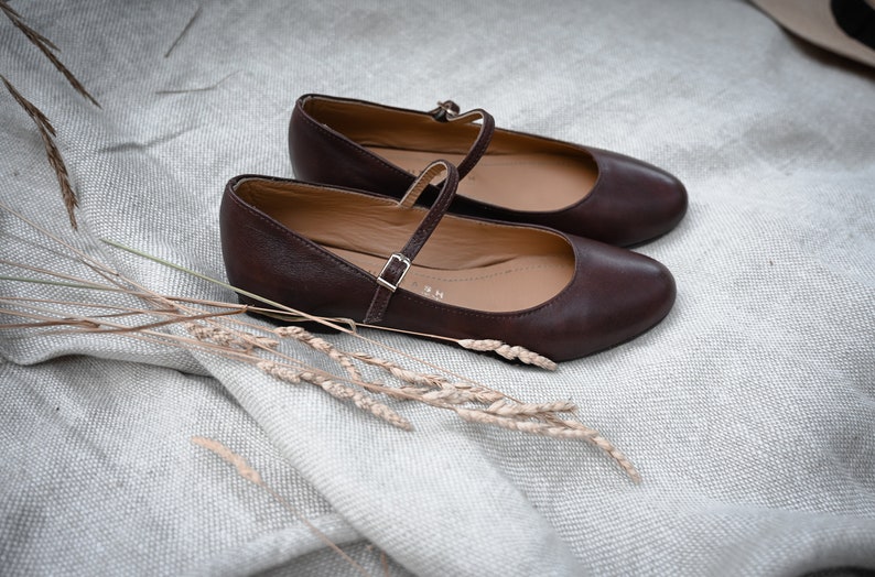 Mary-Jane chocolate brown genuine leather shoes, flat shoes, retro style ballet flats, retro bride shoes, ballerinas, brown, nature lover image 7