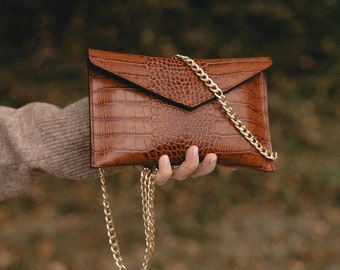 Brown Leather Crocodile Embossed Clutch Bag: Chain Crossbody Purse