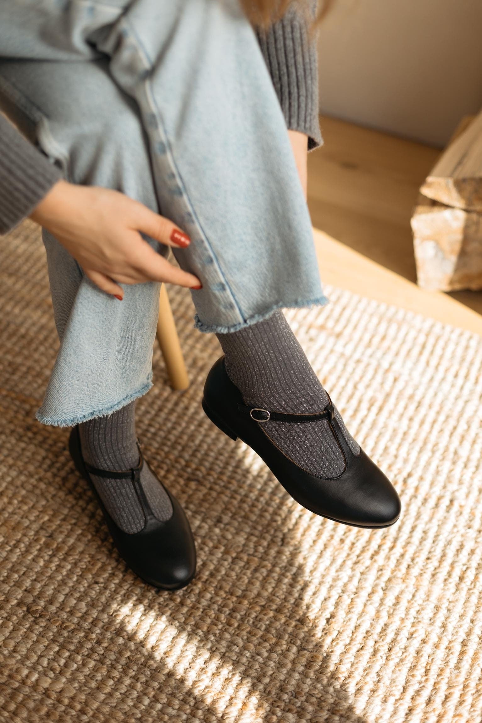 Retro style black genuine leather ballet flats, t-bar shoes, mary jane  shoes, matching mom and daughter shoes, gift for her, swing shoes