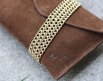 Pochette polyvalente cuir velours marron cigare, style minimaliste, cadeau pour elle, sac à main, amoureux de la nature, sac enveloppe