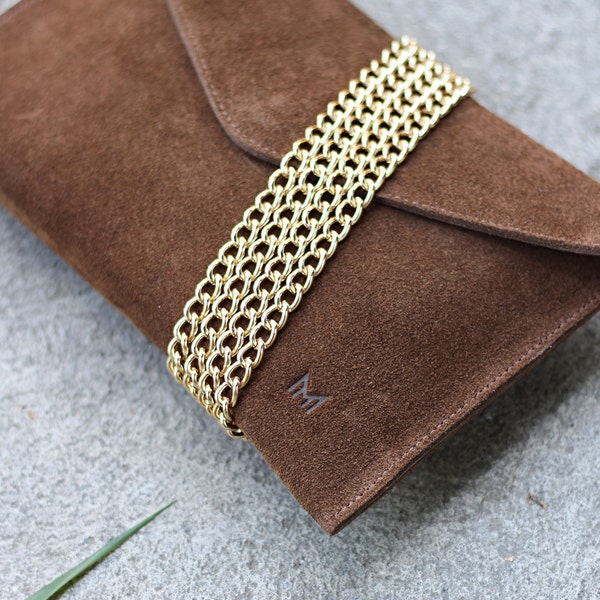Multi-purpose clutch bag cigaro brown velvet leather, minimalistic style, gift for her, handbag, nature lover, envelope bag