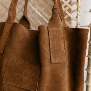 Shopper Bag, tote leather bag, raw-finished leather bag in a minimalistic style, gift for her, genuine suede leather shopper, nature lover image 4