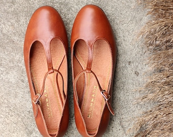 Appartamenti in vera pelle marrone cognac in stile retrò, t-bar, scarpe Mary Jane, scarpe abbinate per mamma e figlia, regalo per lei, scarpe Lindy Hop,