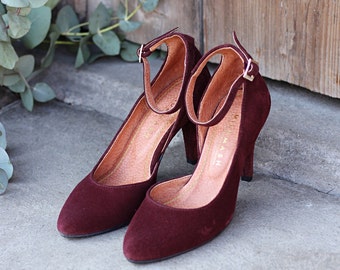 High heels natural burgundy  velour leather, decollate shoes , gift for her, boho style shoes, nature lover, boho wedding