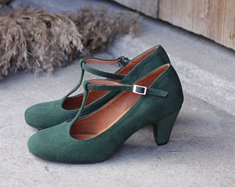 Retro style natural bottle green suede leather, mary jane heels shoes, gift for her, boho style shoes, nature lover