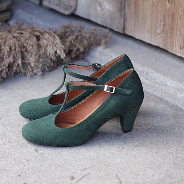 Tacones Mary Jane de ante verde retro: zapatos de cuero hechos a mano