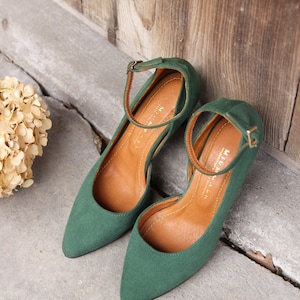 High heels natural bottle green suede leather, decollate shoes , gift for her, boho style shoes, nature lover, boho wedding image 5