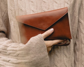Cognac Brown Leather Clutch Bag: Handmade Crossbody Chain Purse