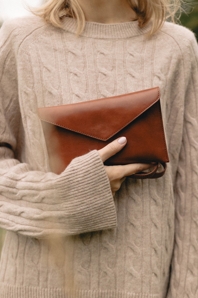 Multi-purpose clutch bag, cognac brown leather, crossbody bag, chain purse, waist bag, minimalistic style, gift for her, nature lover image 1