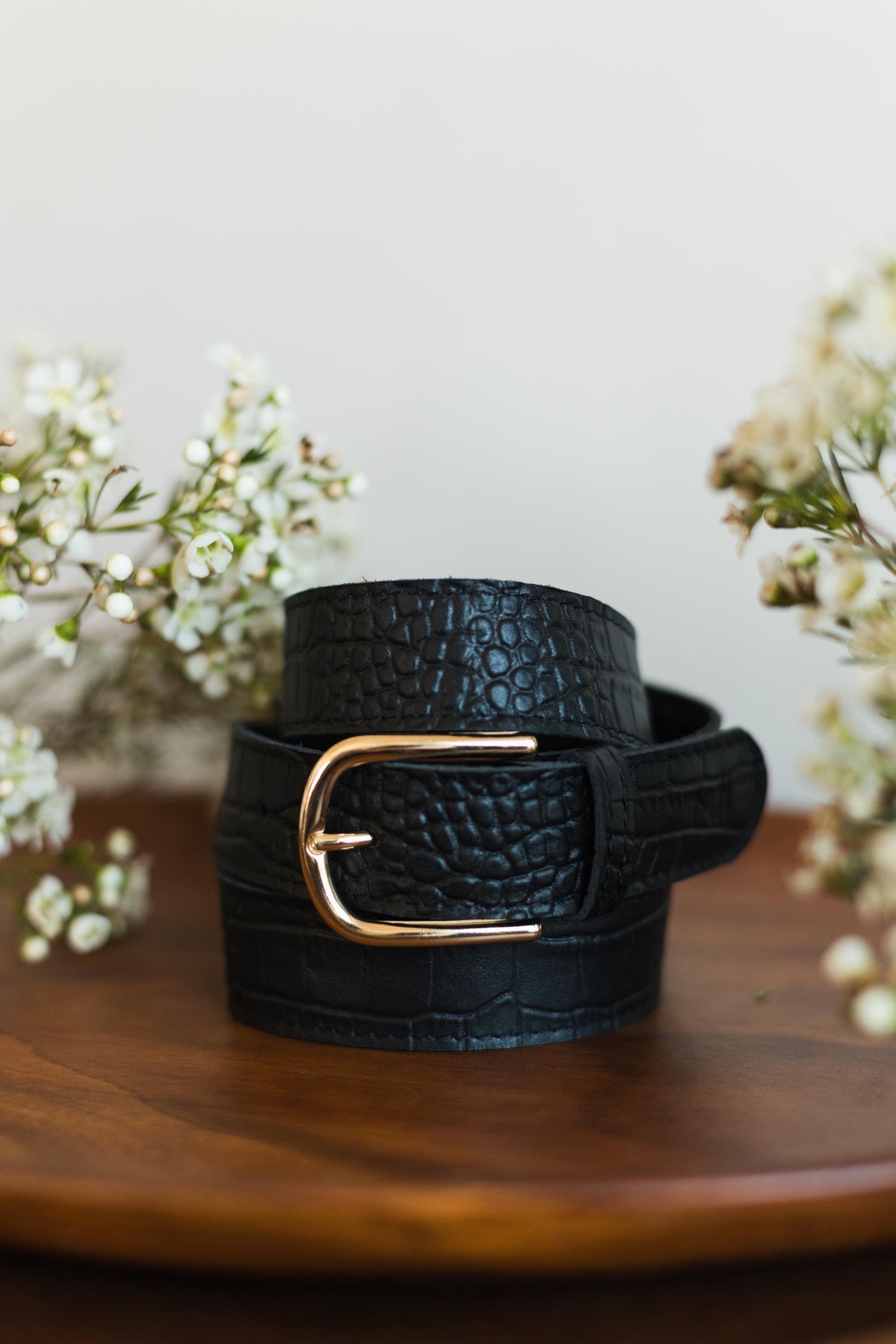 Wide Black Crocodile Embossed Leather Belt: Women's Waist Belt