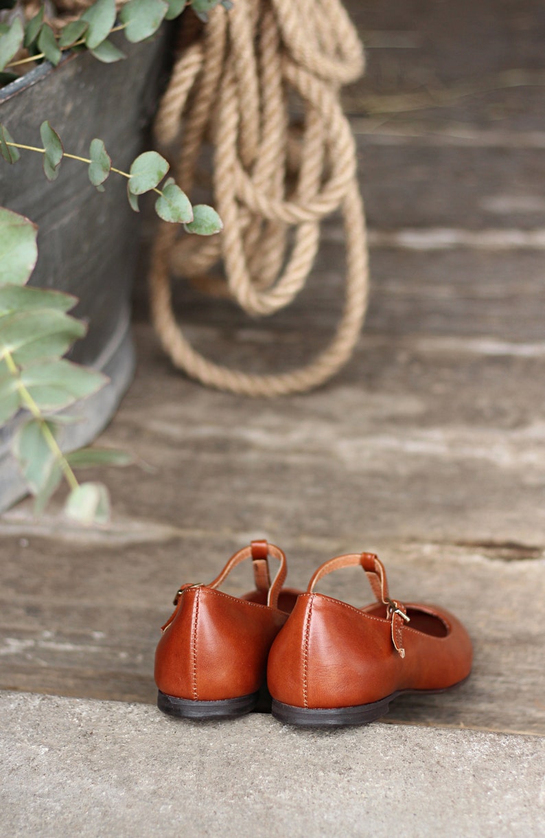 Retro style cognac brown genuine leather flats, t-bar, mary jane shoes, matching mom and daughter shoes, gift for her, lindy hop shoes, image 9