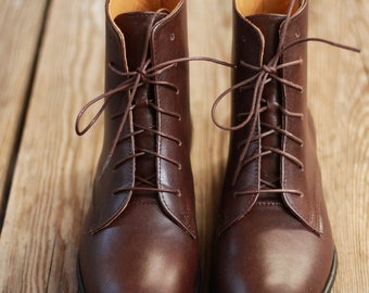 Leather Lace-up Ankle Boots: Chocolate Brown, Retro Style