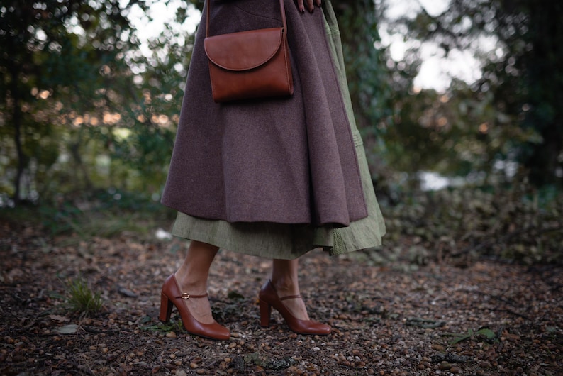 Mary-Jane heels, cognac brown genuine leather shoes, retro high heels shoes, retro bride shoes, nature lover image 5