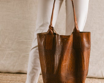 Brown Crocodile Embossed Leather Shopper Bag: Minimalist Tote